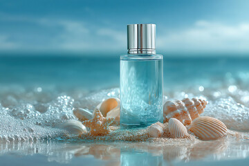 Coastal Essence: A sleek bottle of refreshing, azure fragrance sits amidst an array of delicate seashells and soft sand, against a backdrop of the serene ocean, evoking tranquility.