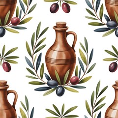 Seamless watercolor pattern featuring a terracotta olive oil jug surrounded by olive branches and olives