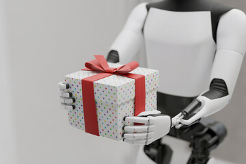 humanoid robot hands over a festive white gift box wrapped with a red ribbon and colorful polka dots. Concept of AI service, modern delivery, or future holidays. Creative idea, robot. New Year 2026