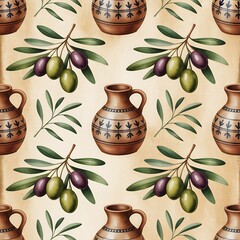 Seamless watercolor pattern of olive branches with ripe olives and traditional terracotta amphorae on a textured background