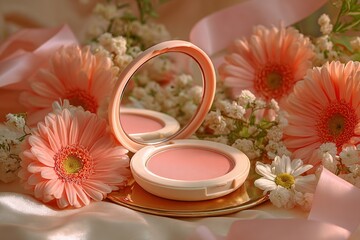 Elegant Beauty: Cosmetic makeup with soft flowers, evoking a sense of grace and natural beauty. This image captures the essence of cosmetics and the beauty it provides.