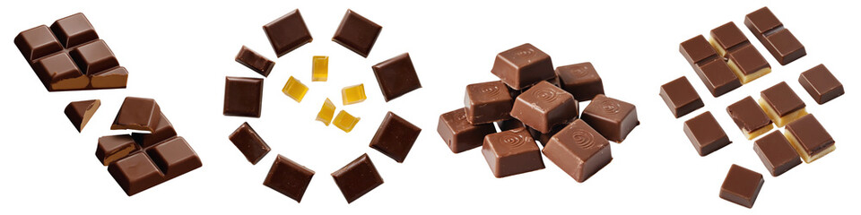 Fototapeta premium Set of assorted caramel-filled milk chocolate bites with solid squares and broken triangles on transparent background