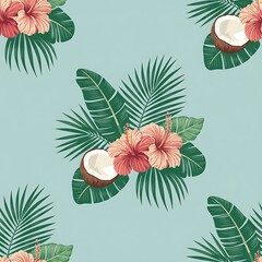 Seamless tropical pattern with vibrant hibiscus flowers lush palm leaves and fresh coconut halves on a light blue background