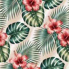 Vibrant tropical floral pattern with lush green monstera leaves and bright red hibiscus flowers