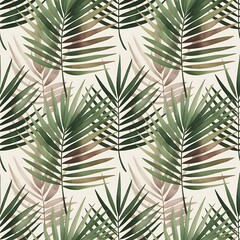 Seamless pattern of watercolor palm leaves in shades of green and brown on a light background
