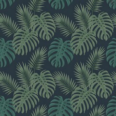 Dark tropical jungle foliage pattern with large green monstera and palm leaves on deep blue background