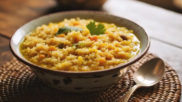 Cinematic Food Video of Traditional Indian Khichdi Bowl with Rice, Lentils, and Ghee on Rustic Table