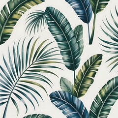Close up of lush green tropical palm leaves and banana leaves creating a natural seamless pattern