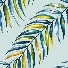 Elegant watercolor painting of palm fronds in shades of blue green and yellow on a pale blue background