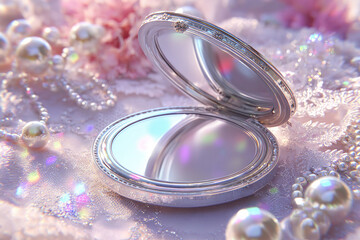 Elegant Compact and Pearls: A silver compact mirror, its surface reflecting soft light, rests gracefully among delicate pearls, symbolizing beauty and timeless elegance.
