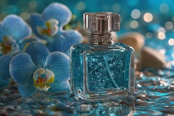 Fragrant Elegance: A luxurious perfume bottle, adorned with sparkling accents, rests amidst delicate blue orchids, capturing a sense of refined beauty and sensory delight.