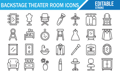 Minimal backstage theater room icon pack, performance outline illustration