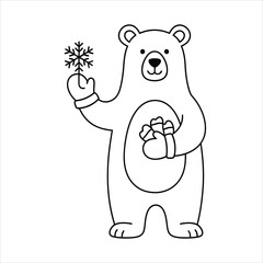 A Cute Polar Bear Wearing Mittens Holding Snowflake Coloring Page Vector