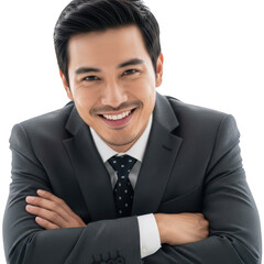 Smiling asian businessman with arms crossed isolated on transparent background