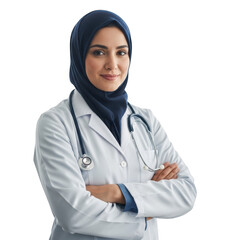 Female doctor wearing hijab and lab coat isolated on transparent background