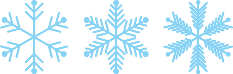 Three delicate blue and white snowflake illustrations on a clean white background