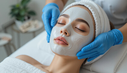 Cosmetologist applying alginate mask on a woman's face, enhancing relaxation and skincare
