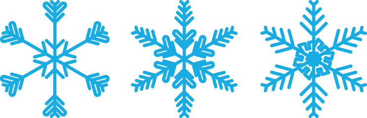 Three detailed blue snowflake illustrations isolated on a clean white background