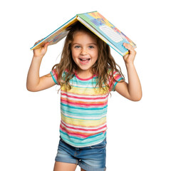 Young girl with book over her head isolated on transparent background