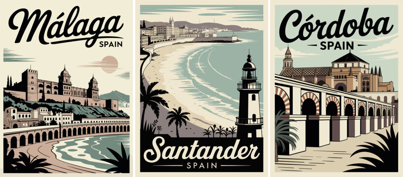 Retro triptych of M&aacute;laga Santander and C&oacute;rdoba in minimalist mid century style with iconic landmarks, bold typography and modernist color palette