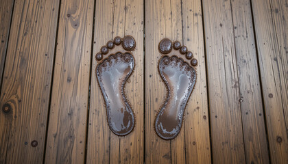 Footprints on a wooden floor, showcasing a rustic and natural design