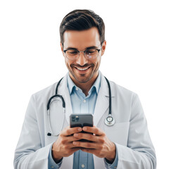 Smiling doctor with stethoscope using mobile phone isolated on transparent background