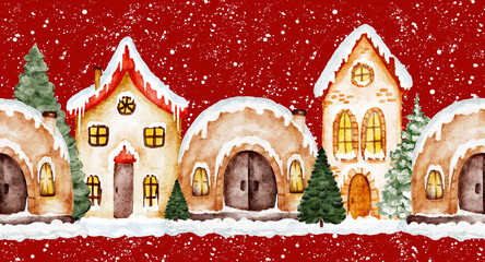 Watercolor winter village landscape with houses and snow on a red background, seamless border pattern.
