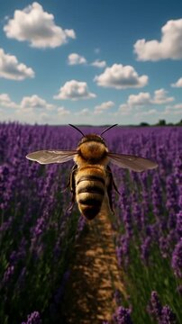 Bee flying over lavender field in slow motion in a sunny day