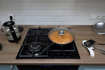 A frying pan with food is on the kitchen stove. Food is being cooked in the kitchen at home.