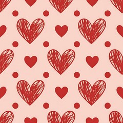 Seamless pattern of hand drawn red hearts and polka dots on a soft pink background for valentine s day
