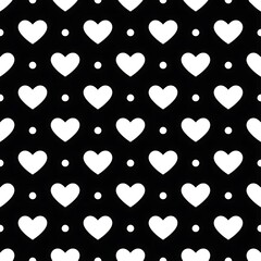 Seamless pattern of white hand drawn hearts and dots on a black background