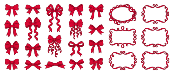 Whimsical coquette style set with red ribbon bows, wavy frames, hand-drawn borders and vintage doodles