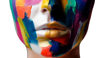 A close-up of a woman's face covered in thick, vibrant, textured impasto paint strokes, on a transparent background