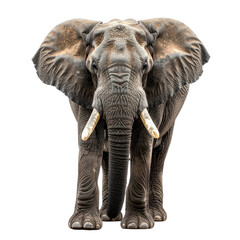 Fototapeta premium A striking, frontal portrait of an African bush elephant isolated on a black background.