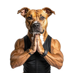 A muscular dog wearing a black athletic tank top holds its hands in a prayer position against a black background.