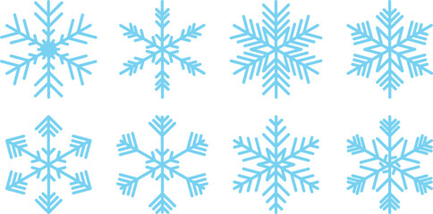 Collection of delicate pastel blue and white snowflake illustrations on a clean background