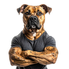 A digitally created image of a muscular boxer dog wearing a dark t-shirt against a black background.