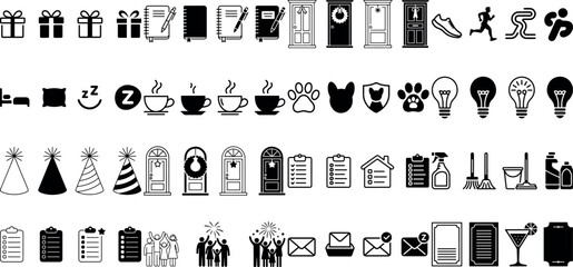 Diverse everyday lifestyle and business related black and white vector icon collection for modern design projects