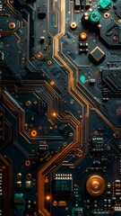 Fototapeta premium Close up of a dark computer motherboard with glowing orange circuit board lines and green components