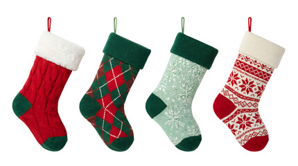 Four christmas stockings isolated on transparent background, ready for santa claus