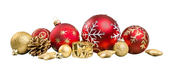 Christmas decorations with baubles isolated on white background