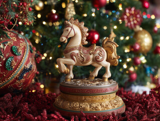 Fototapeta premium Decorative horse with intricate red and gold patterns on pedestal, set against festive tree with lights and ornaments.