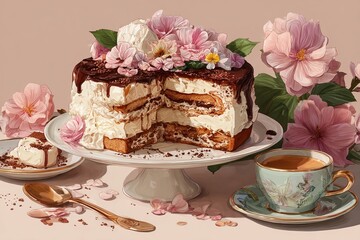 Gourmet Cake Delight: An exquisitely crafted cake, adorned with fresh flowers and creamy layers, sits invitingly on a pristine cake stand, next to a charming teacup, promising a moment of indulgence.