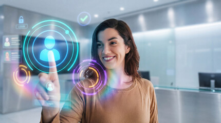 Woman Accessing Futuristic Holographic Digital Login Interface