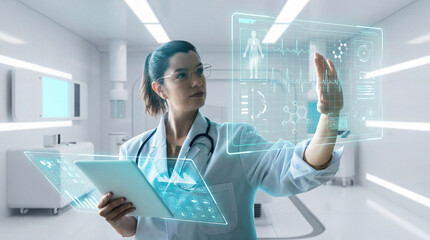 Doctor Interacting With Holographic Medical Dashboard