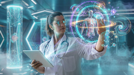 Doctor Exploring Advanced Holographic Human Anatomy