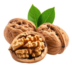 Three textured walnuts, one cracked open revealing the kernel, accented by vibrant green leaves against a stark black background.