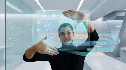 Woman Interacting With Futuristic Holographic Interface