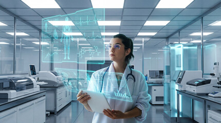 Medical Doctor Analyzing Interactive Holographic Patient Data