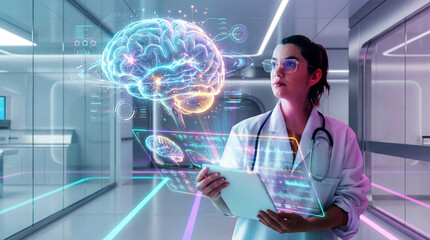 Young Female Doctor Reviewing Holographic Brain Analysis